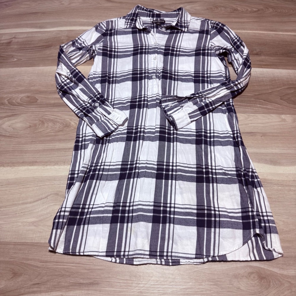 J.Crew Mercantile Plaid Shirt Dress Womens Small Navy White Flannel FLAWED